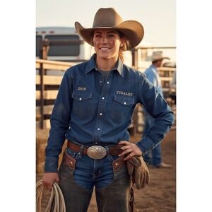 Wrangler Denim Western Shirt Women Medium Blue 2018 Finalist Rodeo Pearl Snap